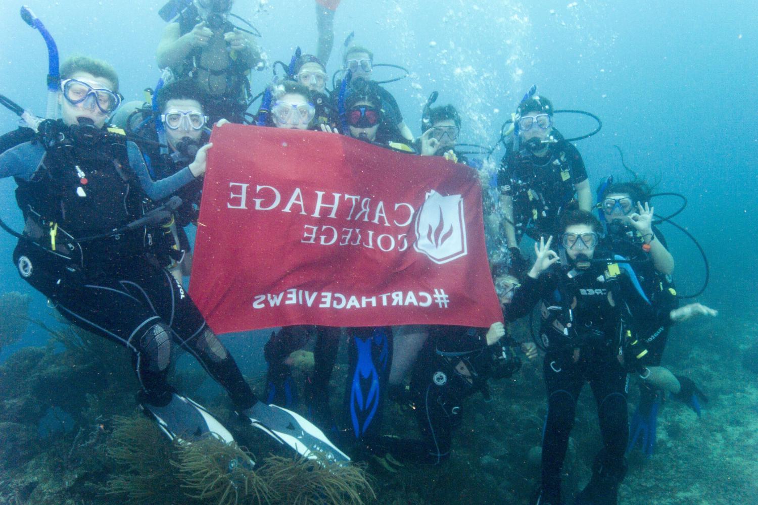 学生们手持<a href='http://ou3.hwanfei.com'>bv伟德ios下载</a>旗帜，在j学期洪都拉斯游学之旅中潜水.